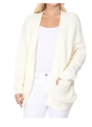 New YEMAK Women's Long Sleeve Chunky Waffle Knit Open Front Sweater Cardigan Ivory Sz M/L