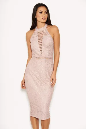 Nude Halter-Neck Lace Detail Midi  Dress