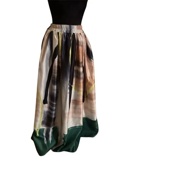 Nuuts Women's Multicolor Abstract Satin A-Line Maxi Skirt Size small
