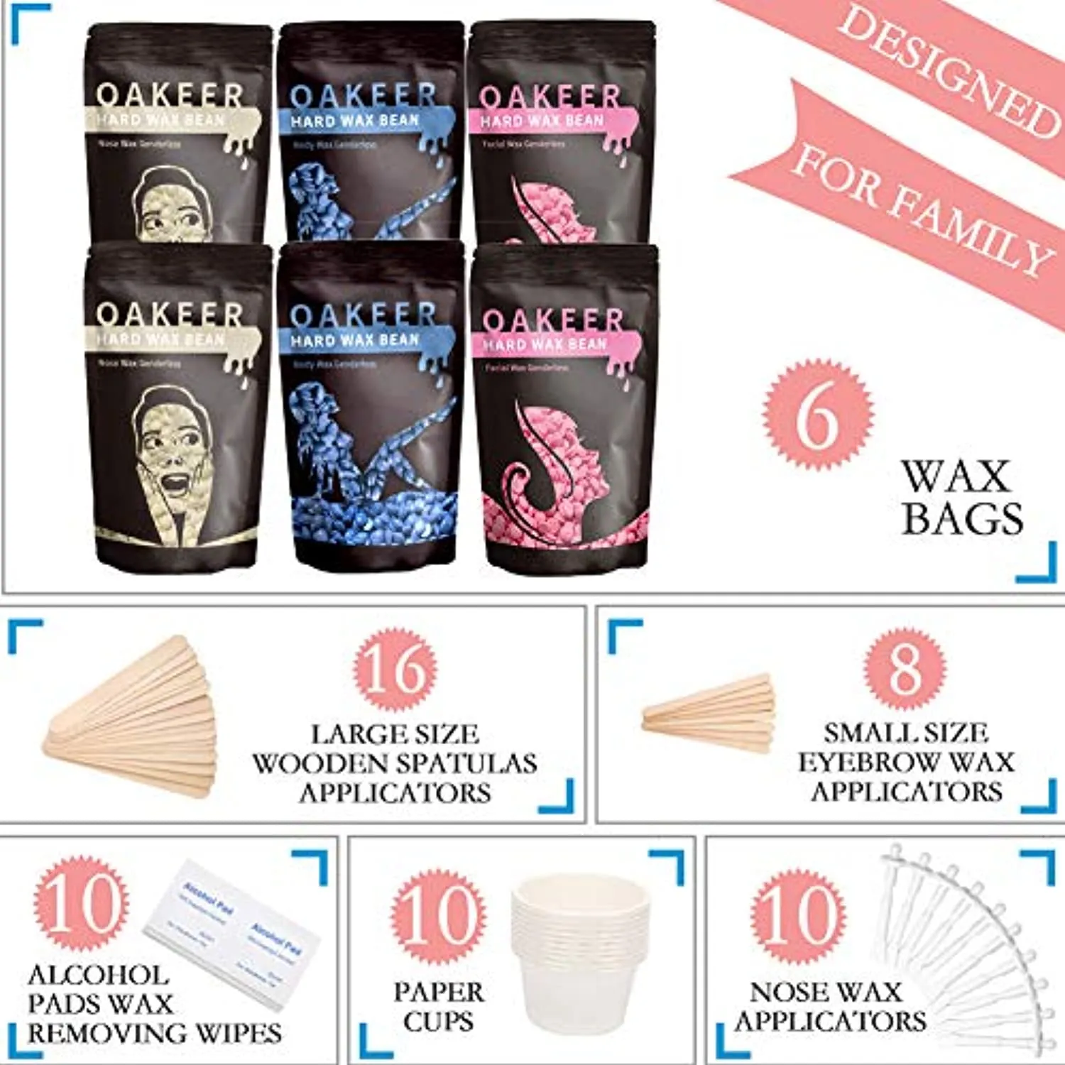 Oakeer Waxing Kit Hair Removal Women Men Wax Warmer Hair Removal at Home with 6 Bags Wax Beans Body Waxing for Eyebrows Nose Cheeks Arms Bikinis Legs 62 Accessories