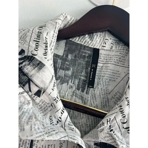 OC by Connie K Women's S Black Newspaper Print Long Overcoat
