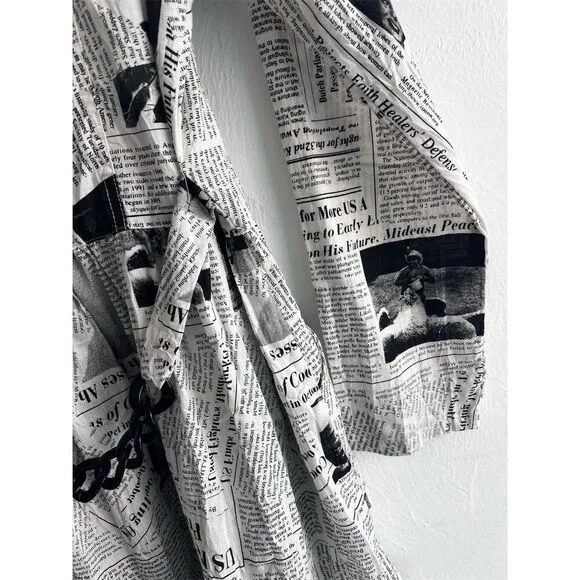 OC by Connie K Women's S Black Newspaper Print Long Overcoat
