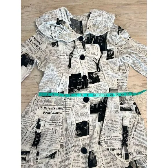 OC by Connie K Women's S Black Newspaper Print Long Overcoat