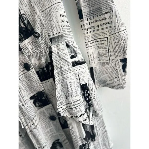 OC by Connie K Women's S Black Newspaper Print Long Overcoat