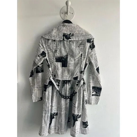 OC by Connie K Women's S Black Newspaper Print Long Overcoat