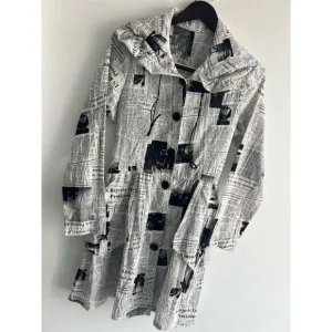 OC by Connie K Women's S Black Newspaper Print Long Overcoat