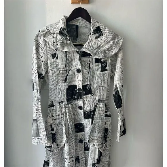 OC by Connie K Women's S Black Newspaper Print Long Overcoat