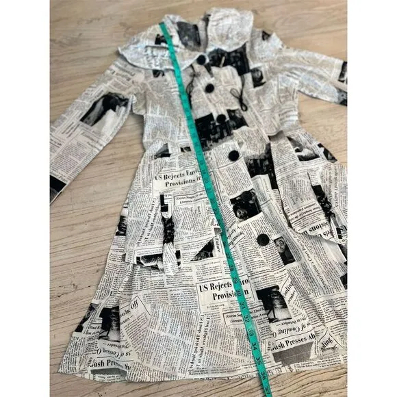 OC by Connie K Women's S Black Newspaper Print Long Overcoat