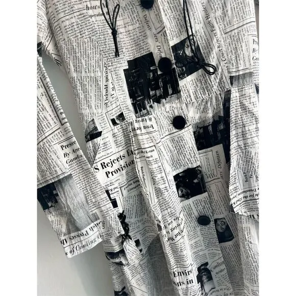 OC by Connie K Women's S Black Newspaper Print Long Overcoat