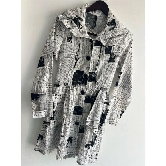 OC by Connie K Women's S Black Newspaper Print Long Overcoat