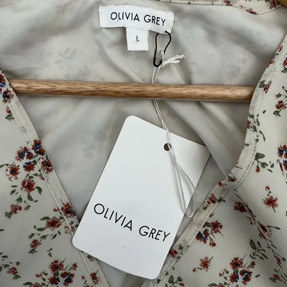 Olivia Grey True Wrap Dress Women's Large Ditzy Floral Print Ruffled Hem NEW