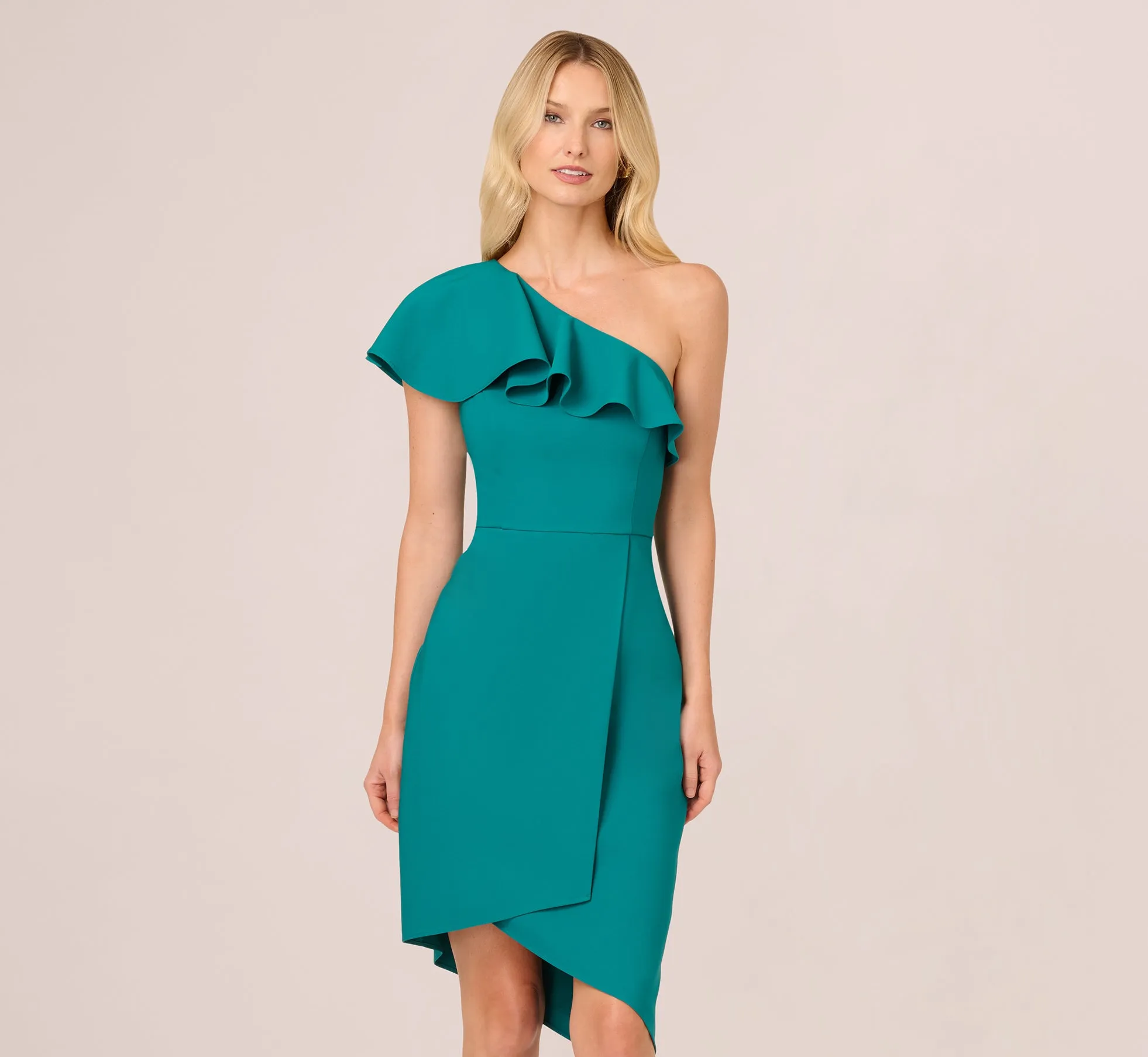 One Shoulder Stretch Crepe Short Dress In Deep Emerald