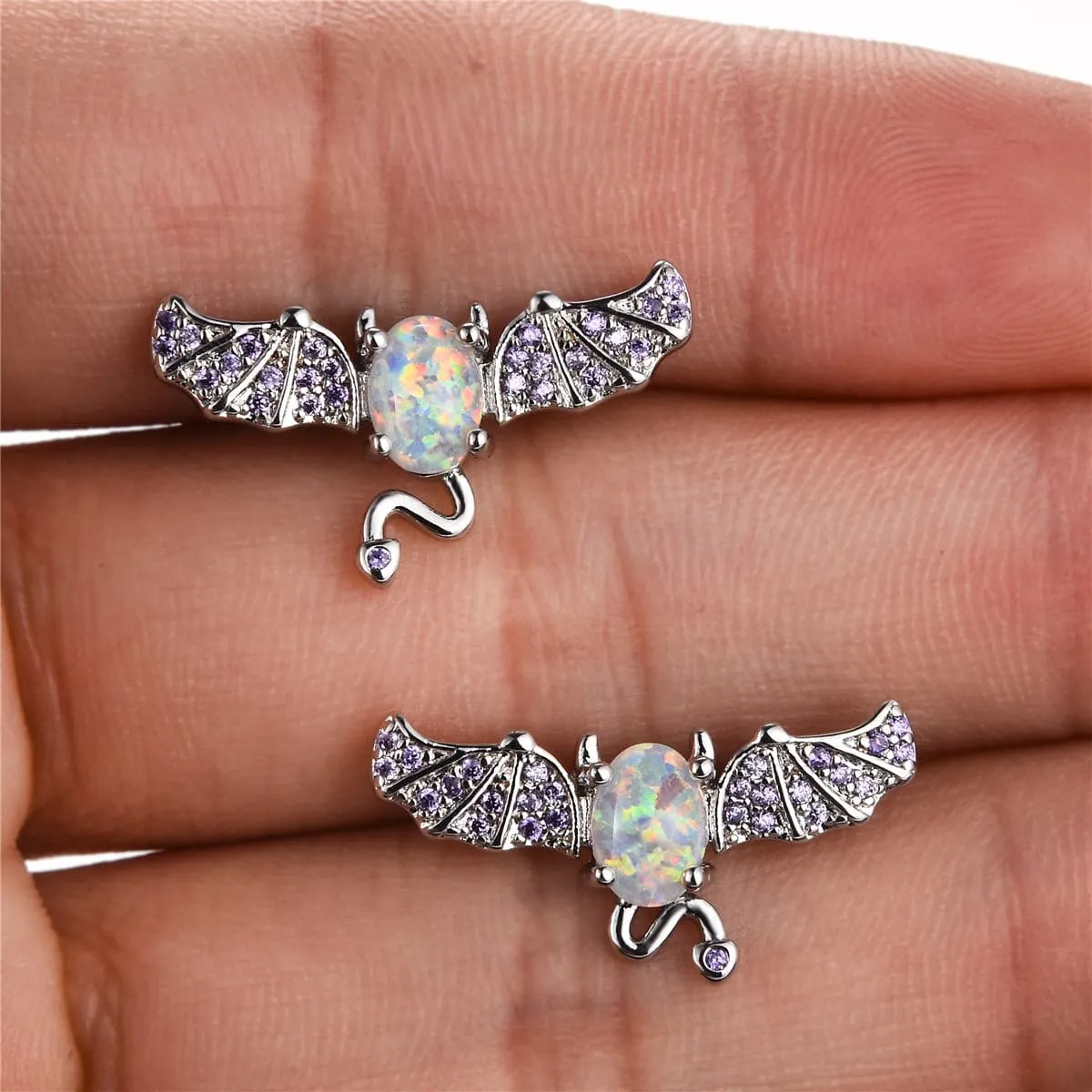 Opal & Cubic Zirconia Bat Stud Earrings