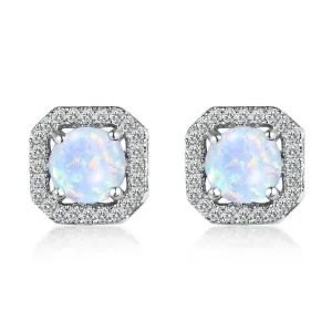 Opal & Cubic Zirconia Round Cushion Stud Earrings