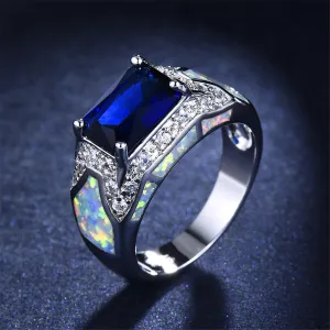 Opal & Sky Blue Crystal Rectangle Ring