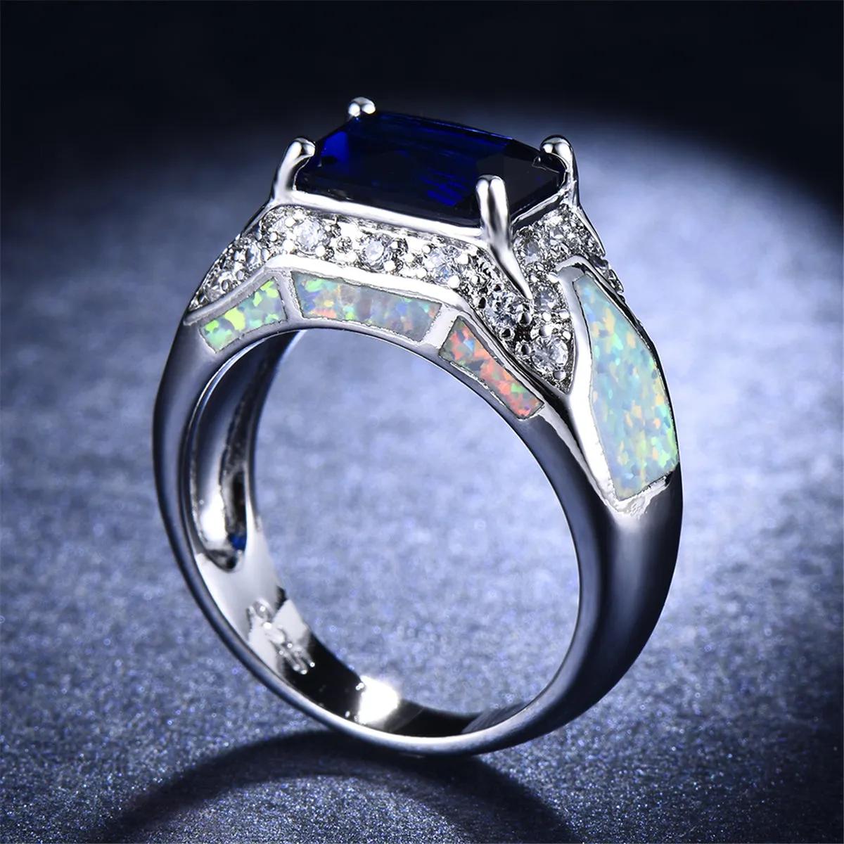 Opal & Sky Blue Crystal Rectangle Ring
