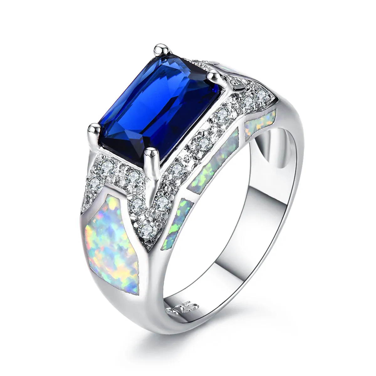 Opal & Sky Blue Crystal Rectangle Ring
