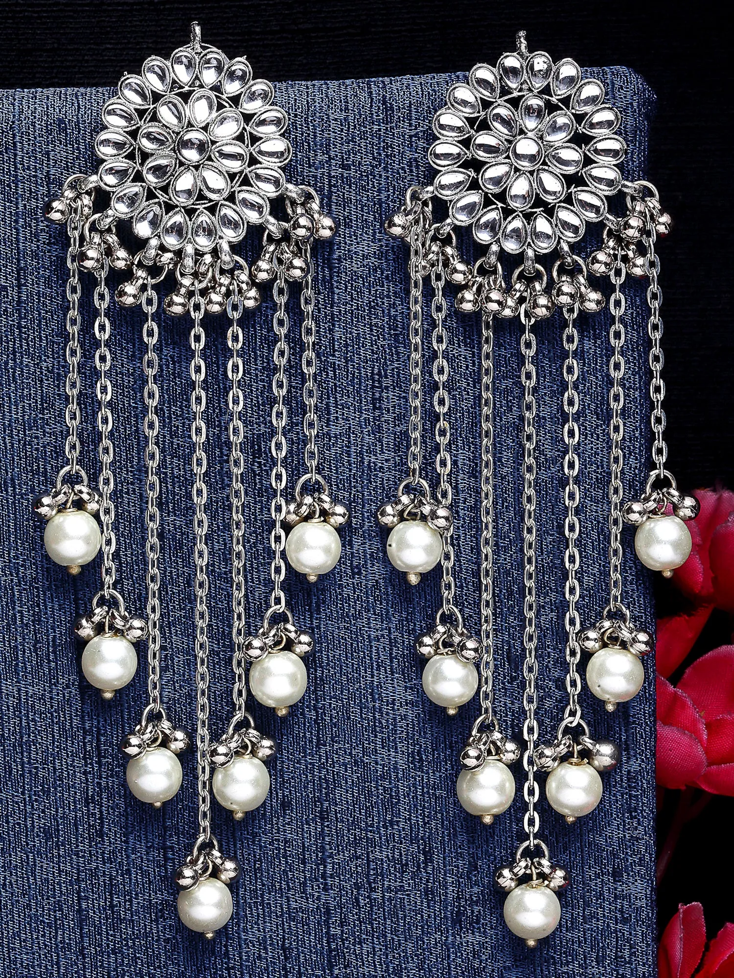Oxidised Silver Kundan Tassel Earrings with Pearl Beads