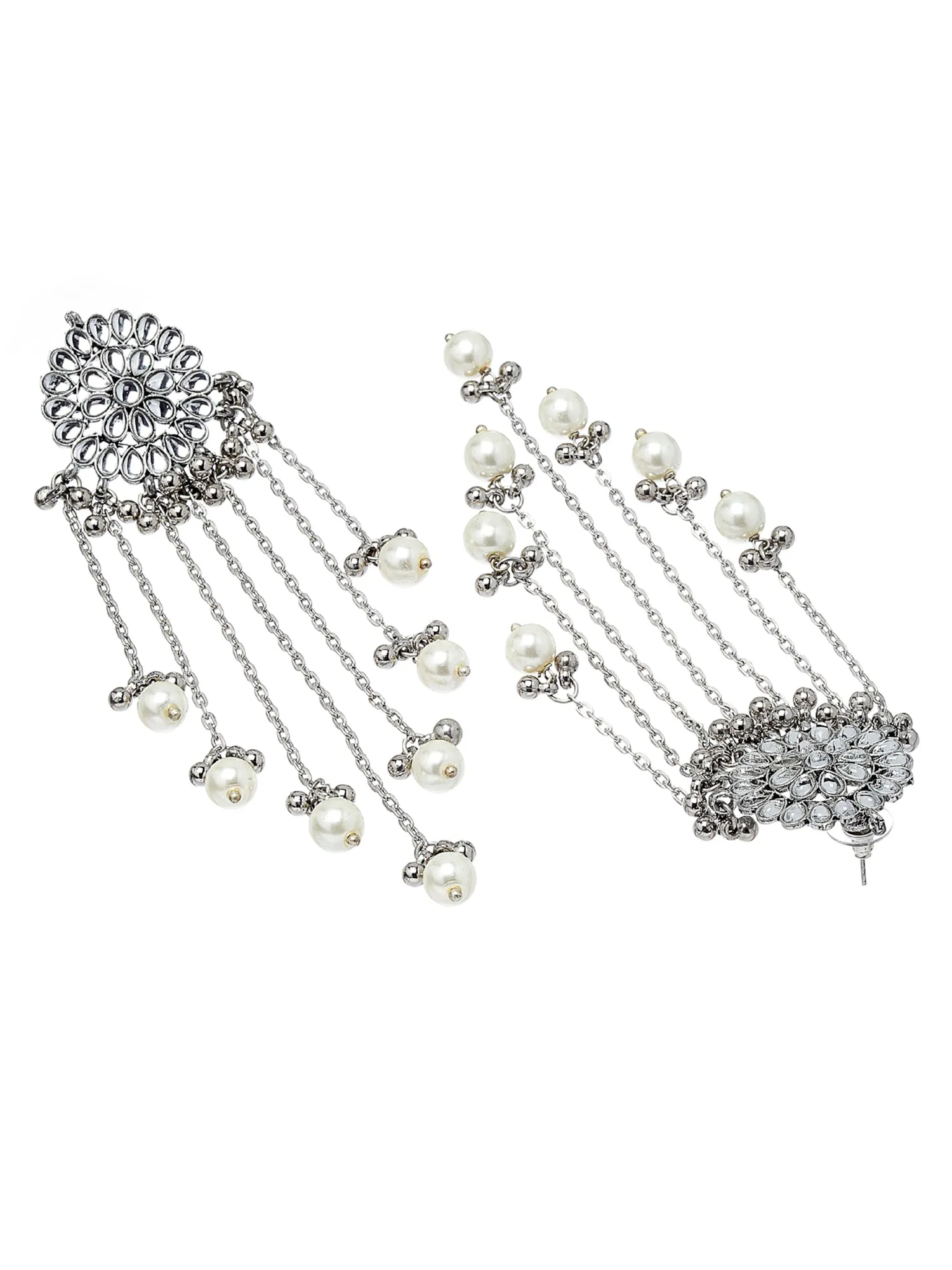 Oxidised Silver Kundan Tassel Earrings with Pearl Beads