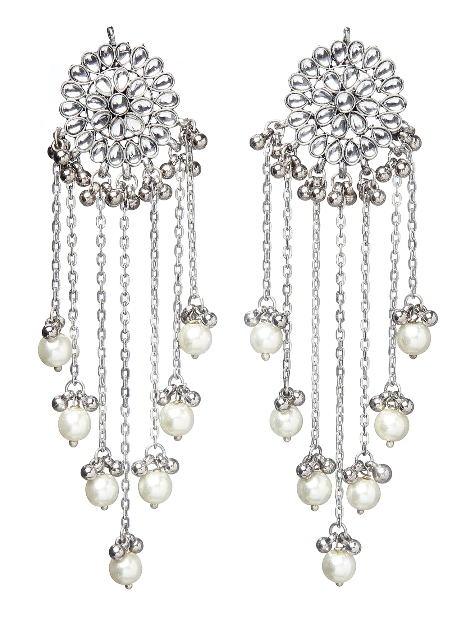 Oxidised Silver Kundan Tassel Earrings with Pearl Beads