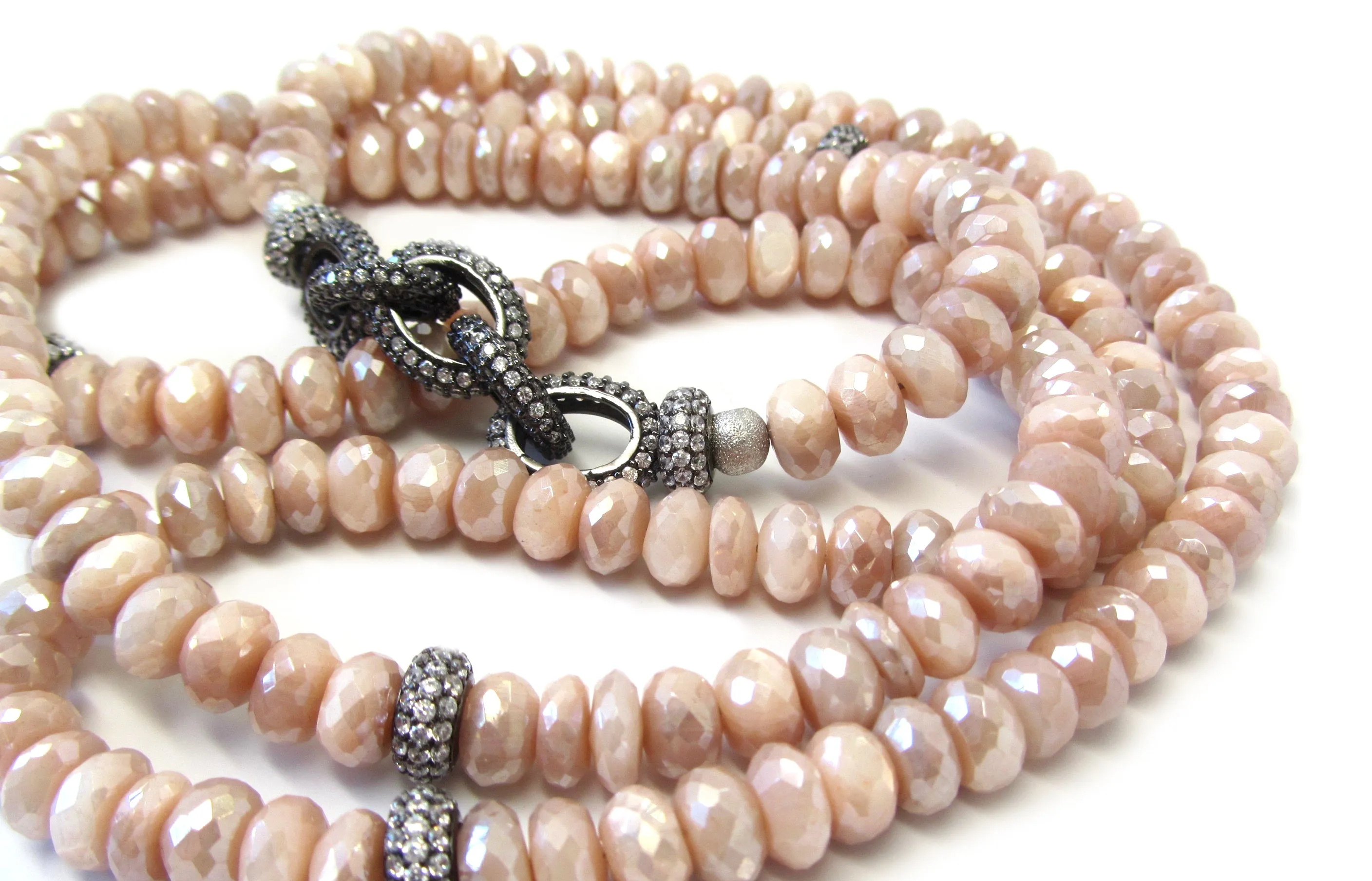 Peach Moonstone Necklace with Pave Link Chain