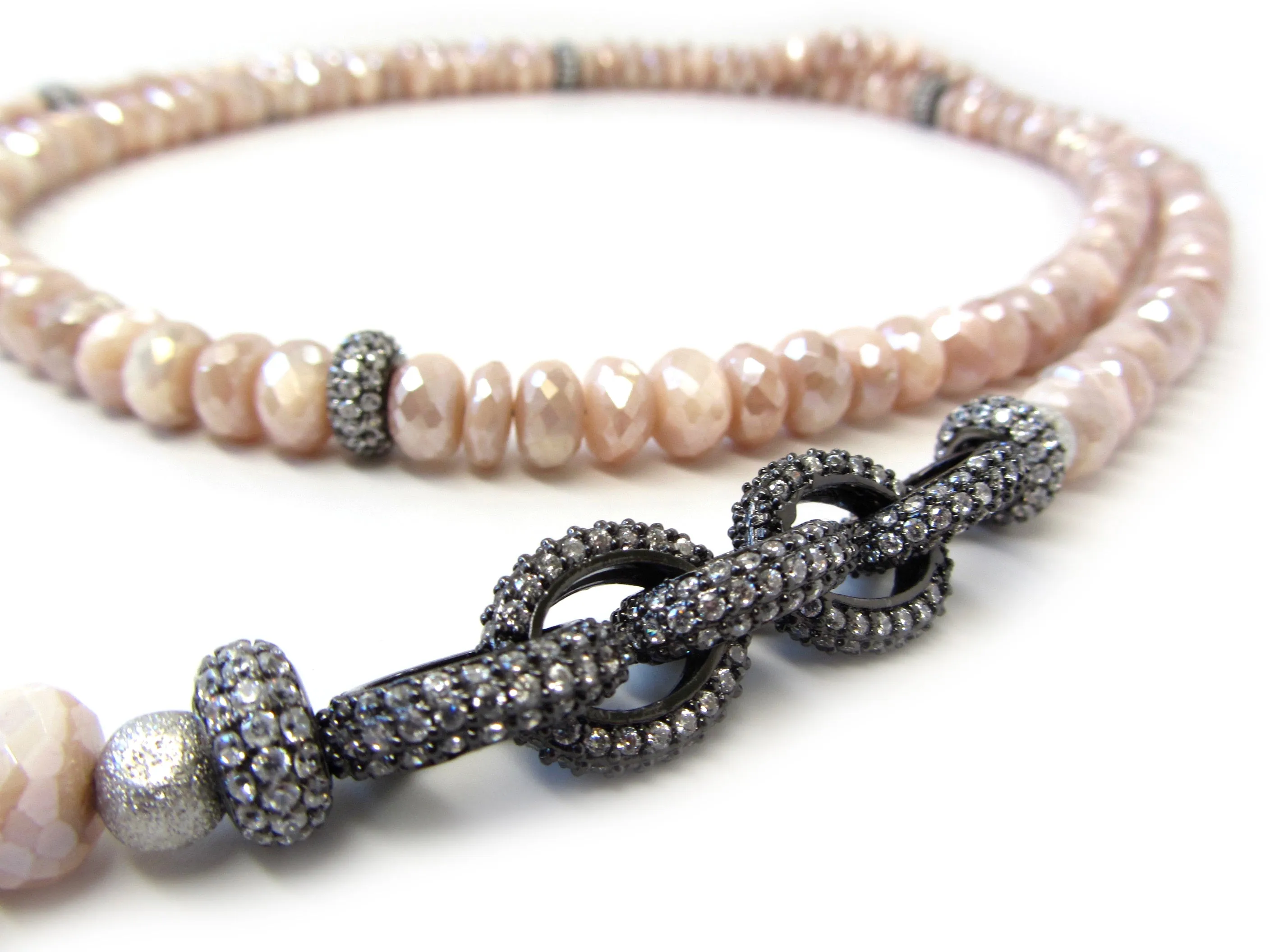Peach Moonstone Necklace with Pave Link Chain