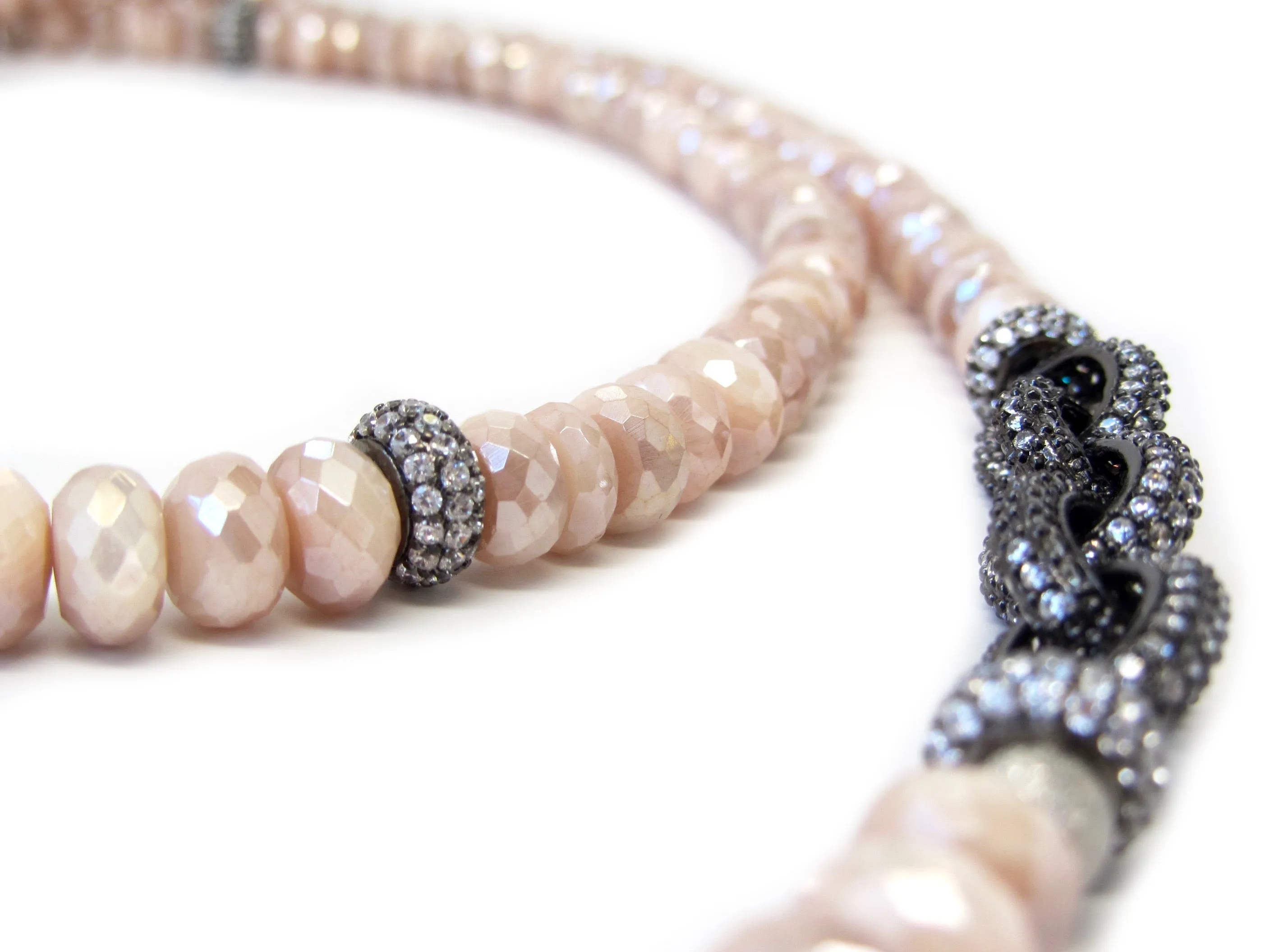 Peach Moonstone Necklace with Pave Link Chain