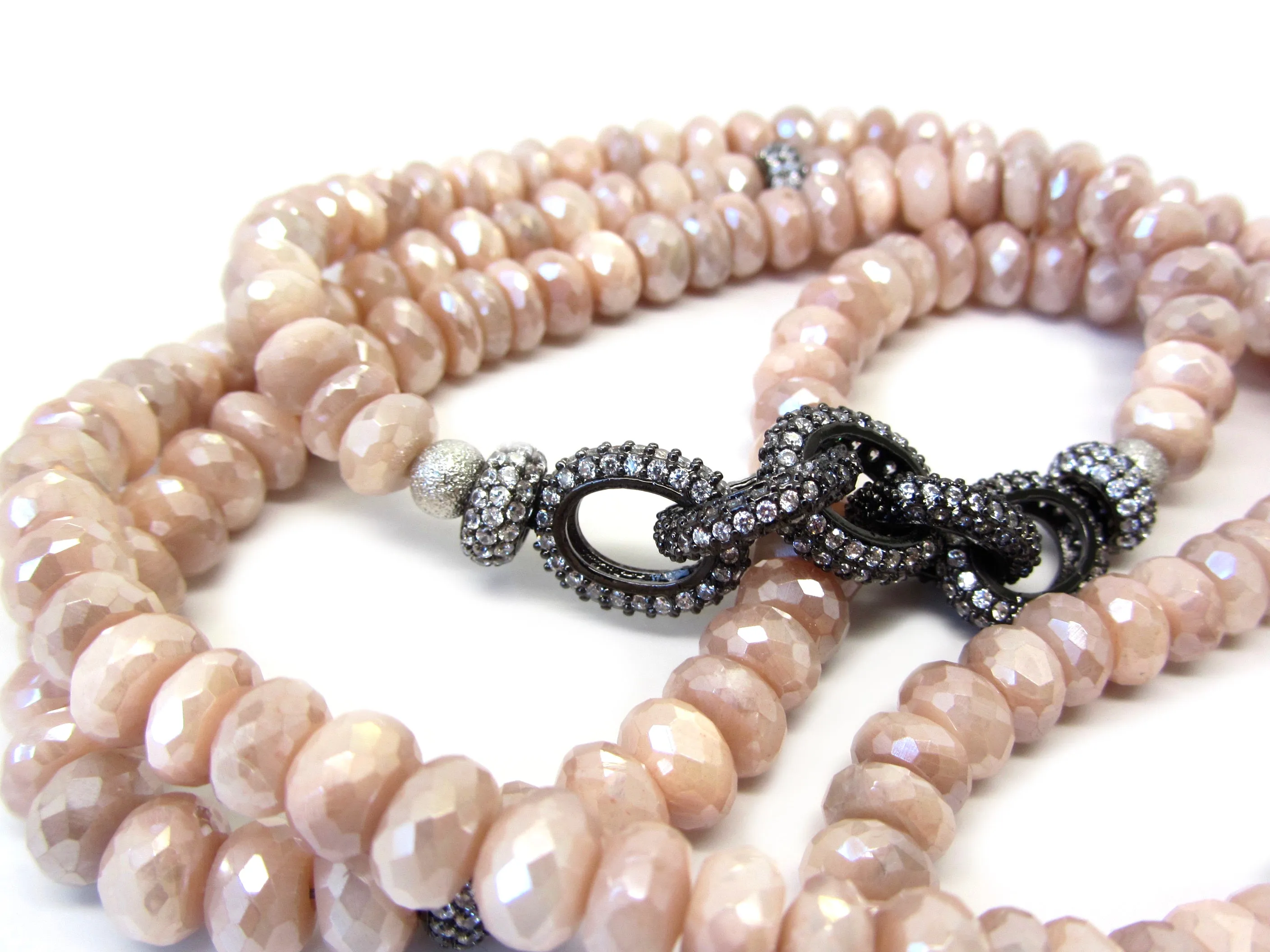 Peach Moonstone Necklace with Pave Link Chain