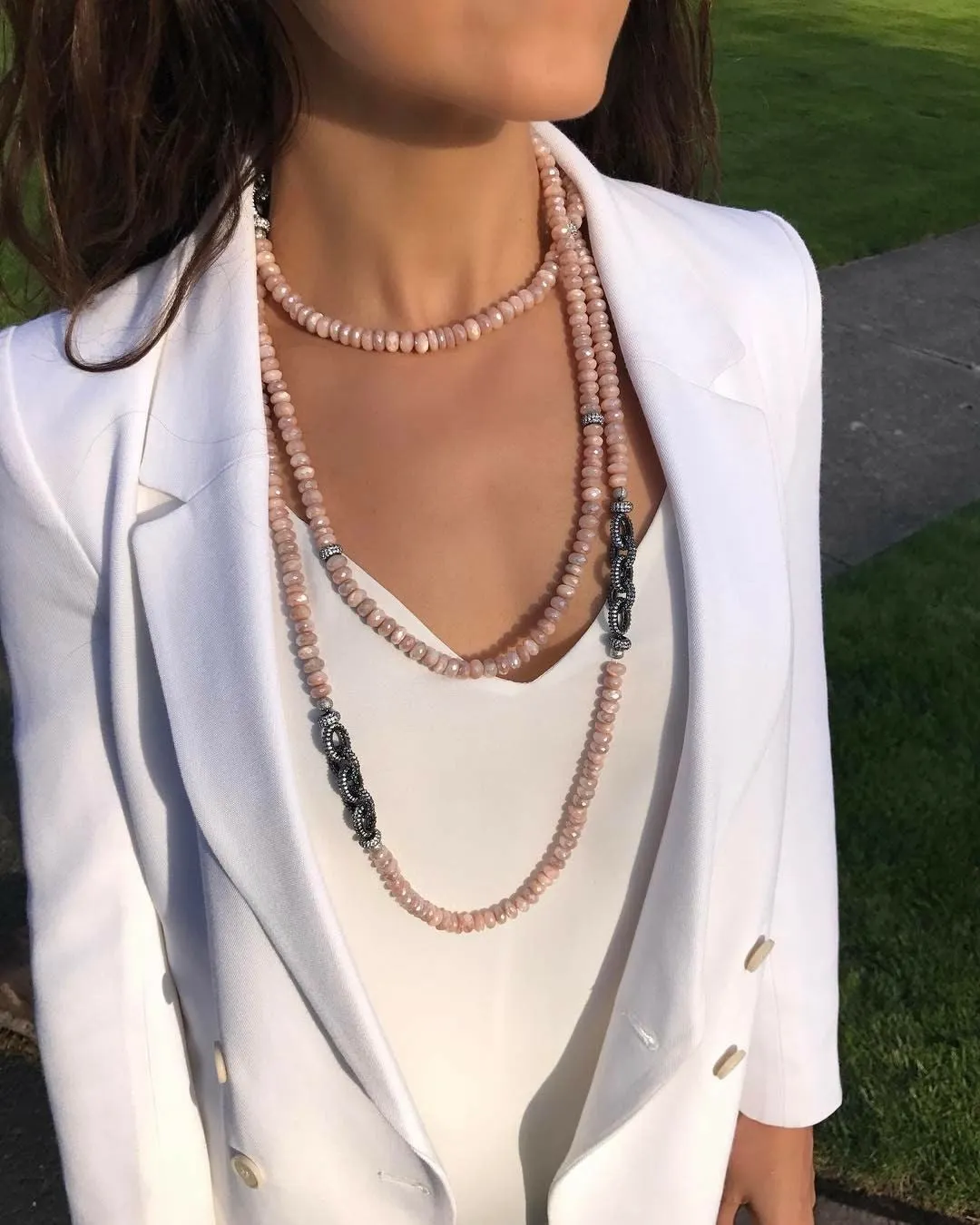 Peach Moonstone Necklace with Pave Link Chain