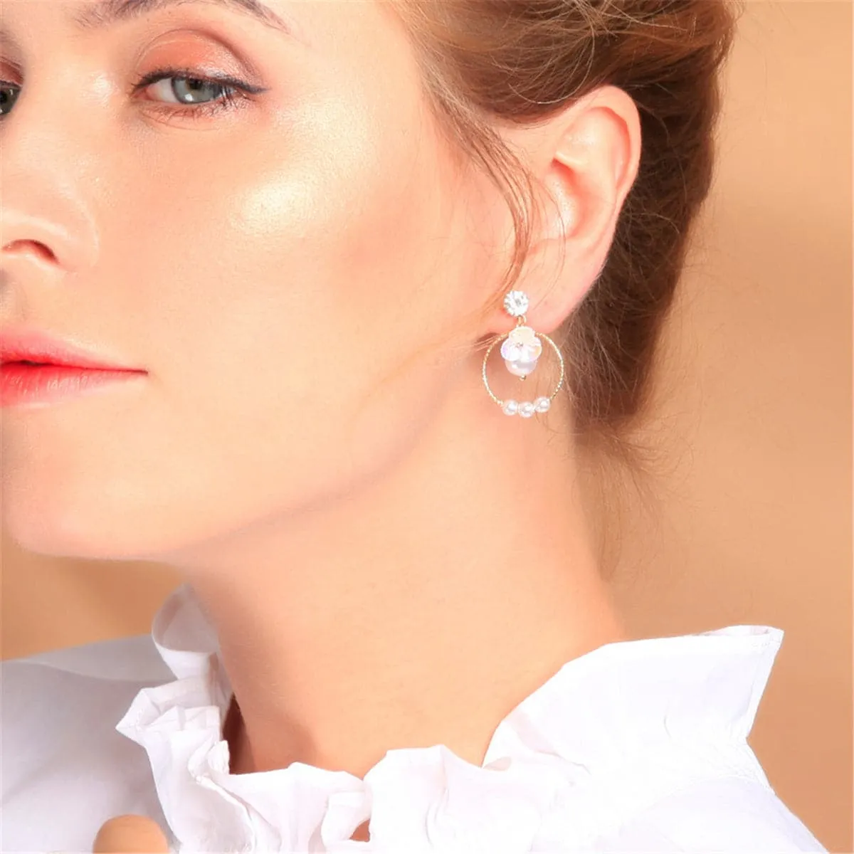 Pearl & Cubic Zirconia 18K Gold-Plated Flower Ring Drop Earrings