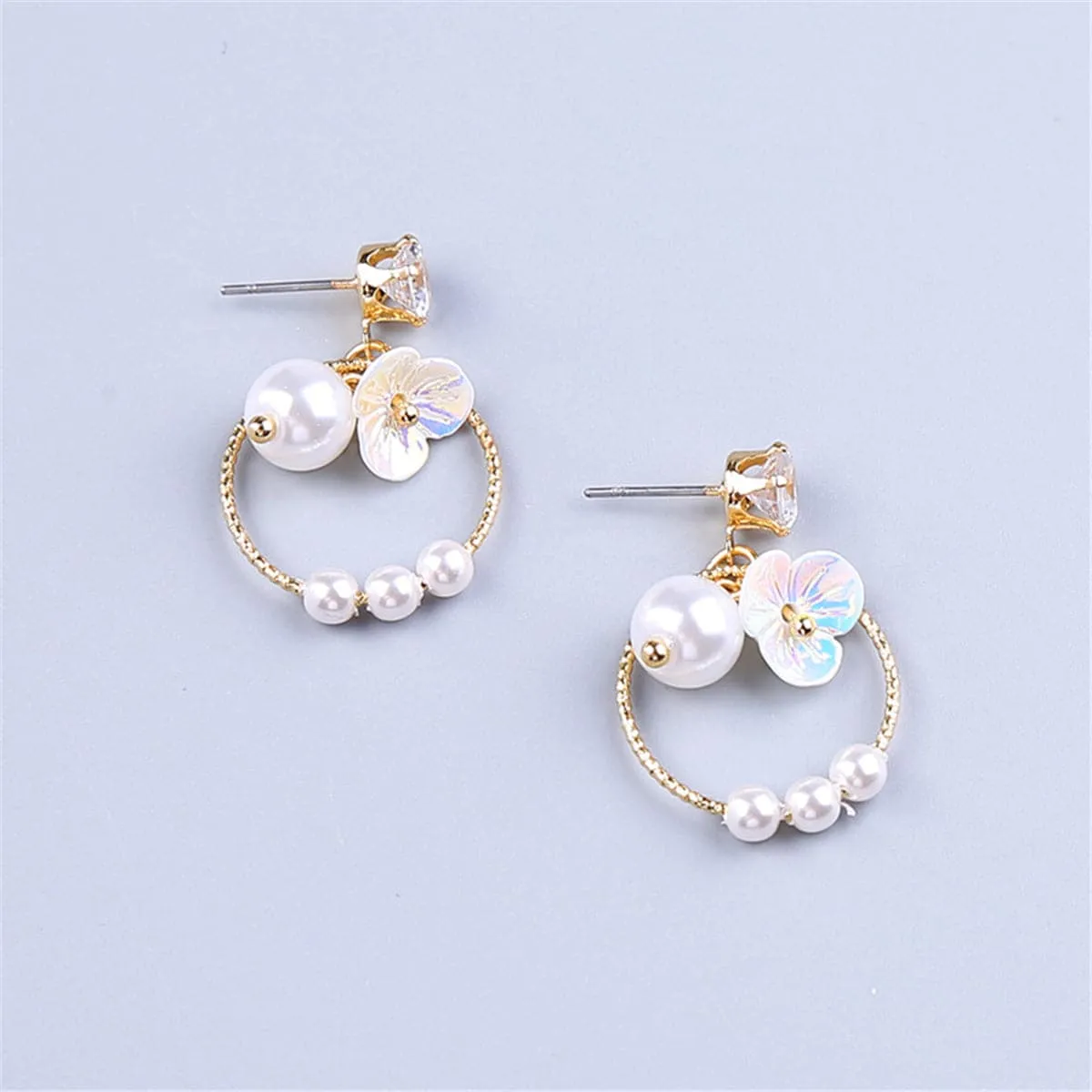 Pearl & Cubic Zirconia 18K Gold-Plated Flower Ring Drop Earrings