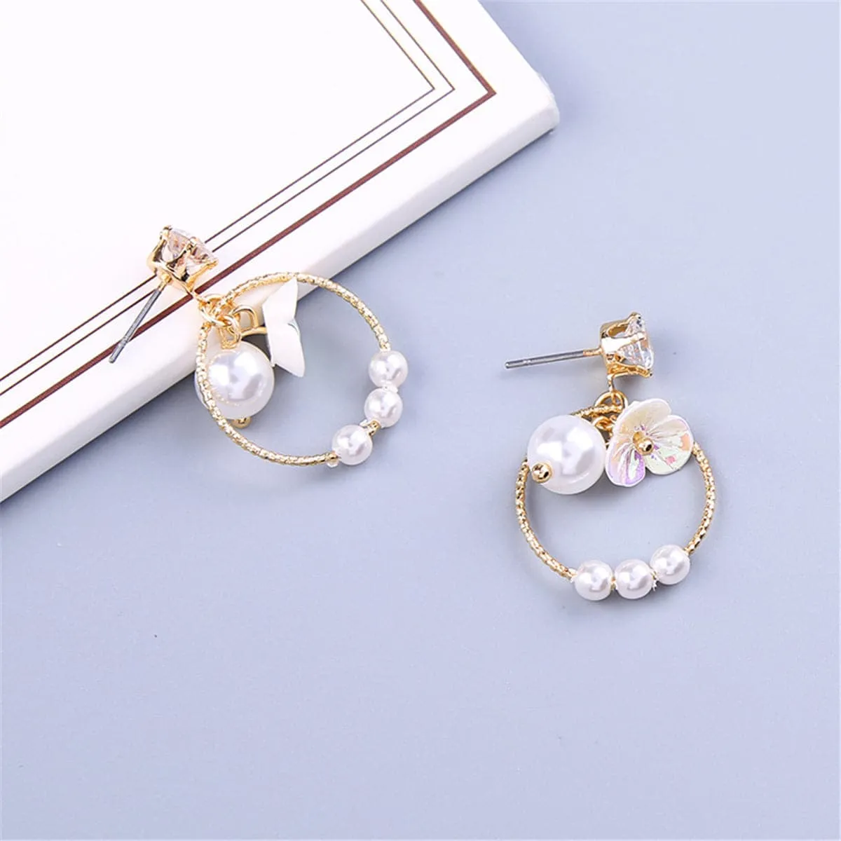 Pearl & Cubic Zirconia 18K Gold-Plated Flower Ring Drop Earrings
