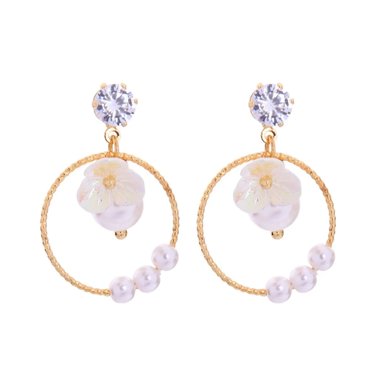 Pearl & Cubic Zirconia 18K Gold-Plated Flower Ring Drop Earrings