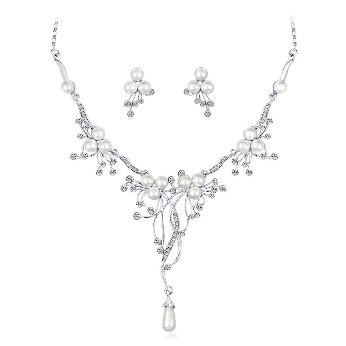 Pearl & Cubic Zirconia Abstract Botany Statement Necklace Set