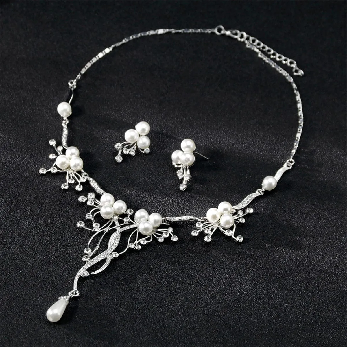 Pearl & Cubic Zirconia Abstract Botany Statement Necklace Set