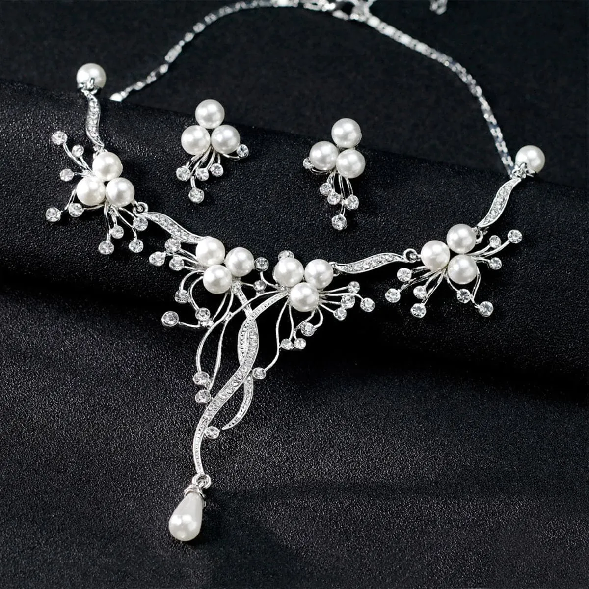 Pearl & Cubic Zirconia Abstract Botany Statement Necklace Set