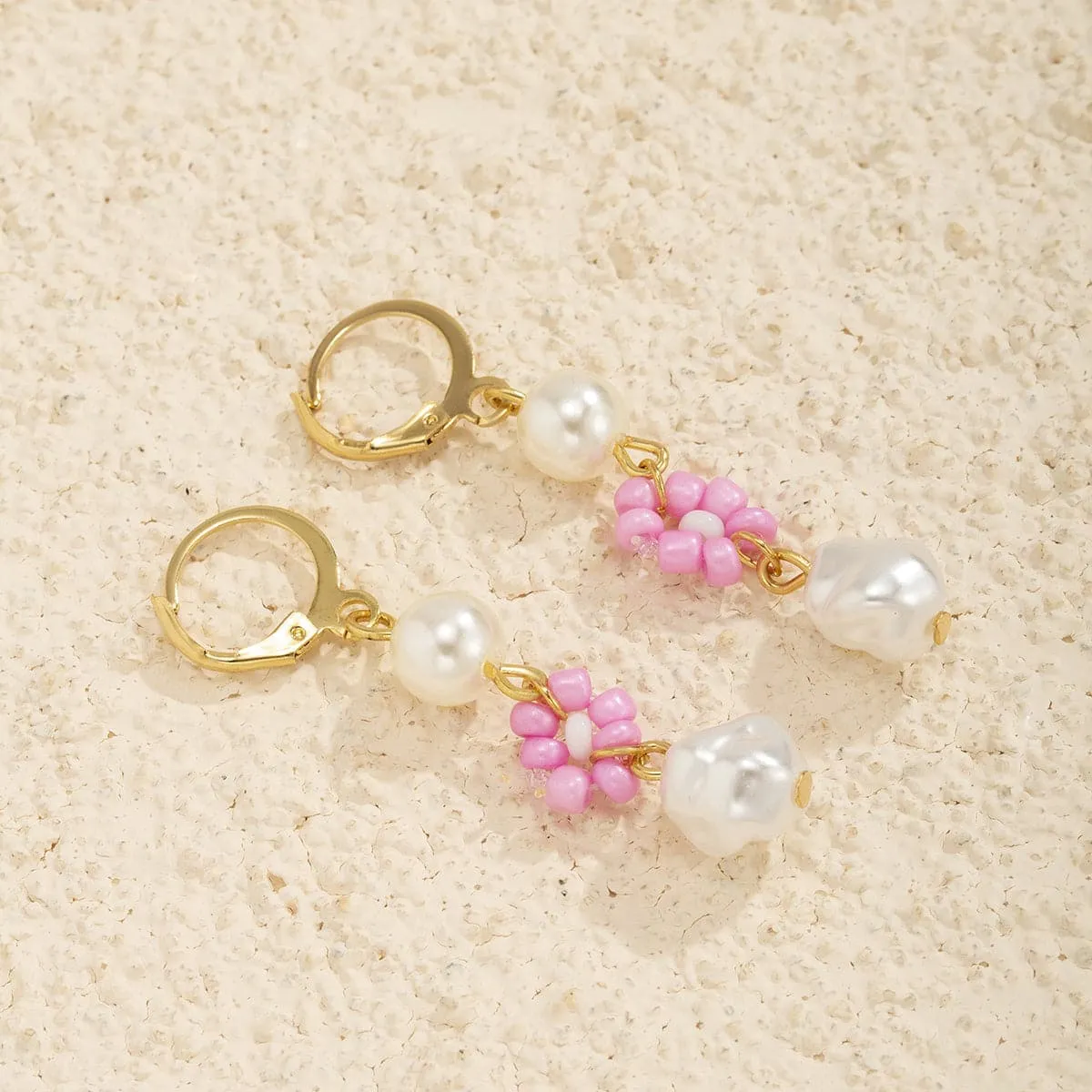 Pearl & Pink Howlite 18 Gold-Plated Flower Tiered Drop Earrings