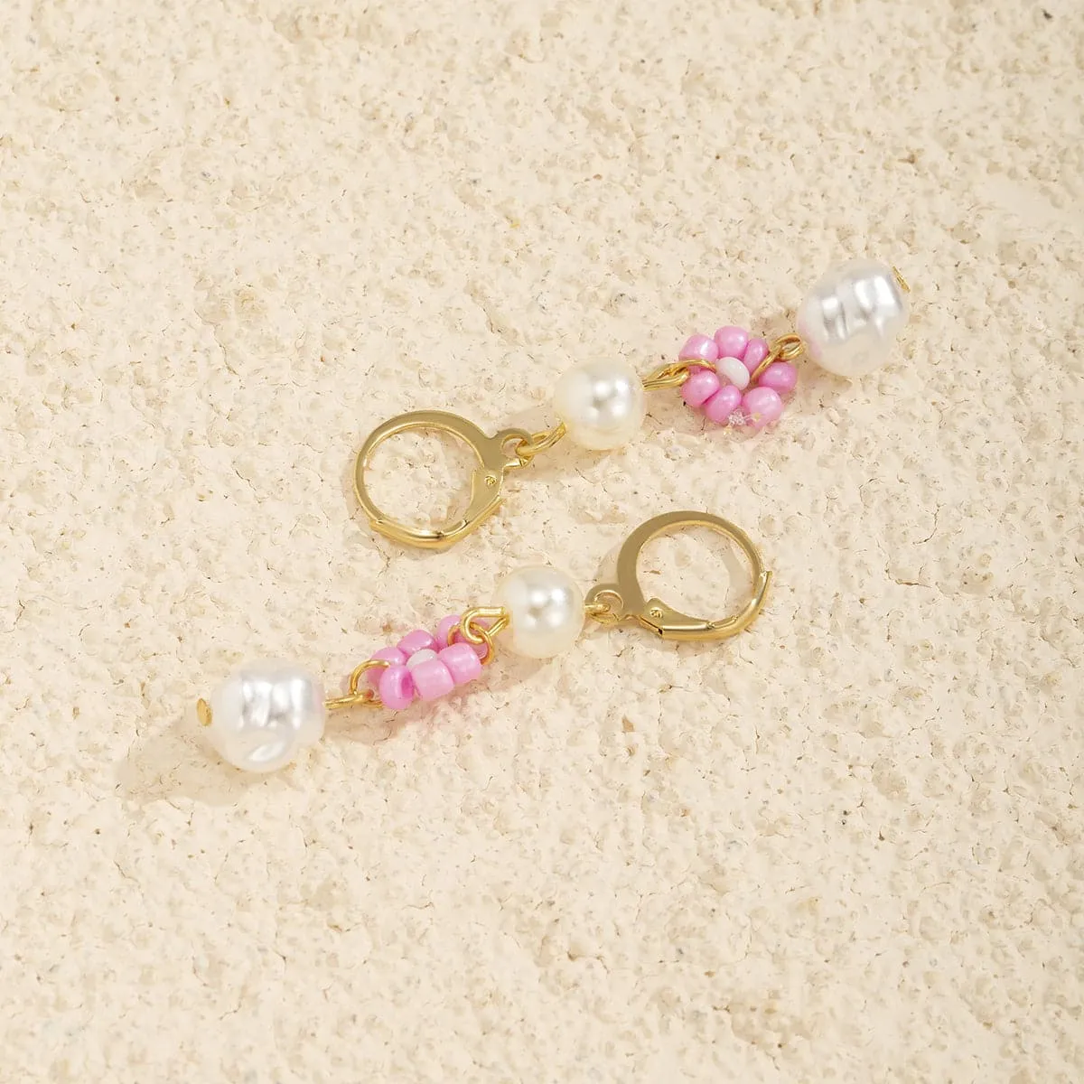 Pearl & Pink Howlite 18 Gold-Plated Flower Tiered Drop Earrings