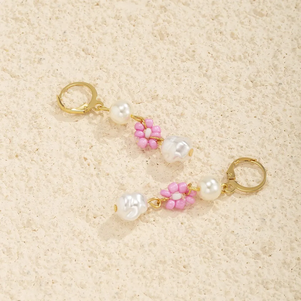 Pearl & Pink Howlite 18 Gold-Plated Flower Tiered Drop Earrings