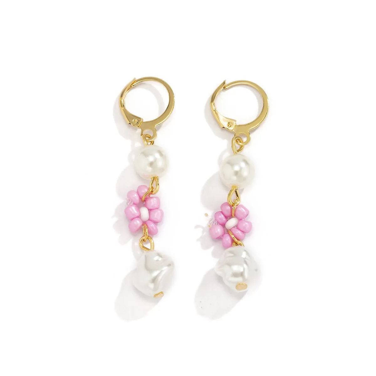 Pearl & Pink Howlite 18 Gold-Plated Flower Tiered Drop Earrings