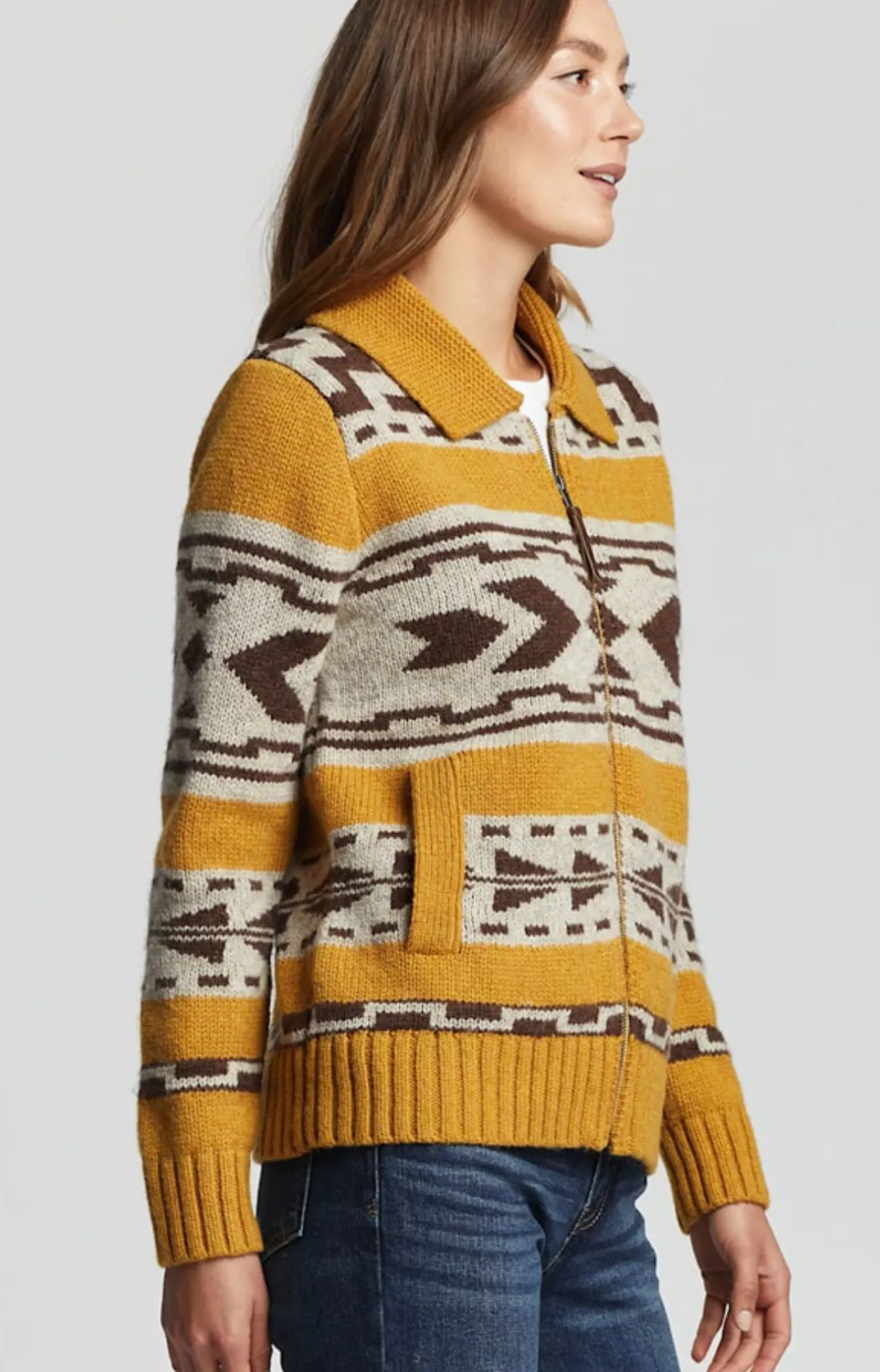Pendleton Wool Sweater Westerley Mustard Brown Cream Zip Front