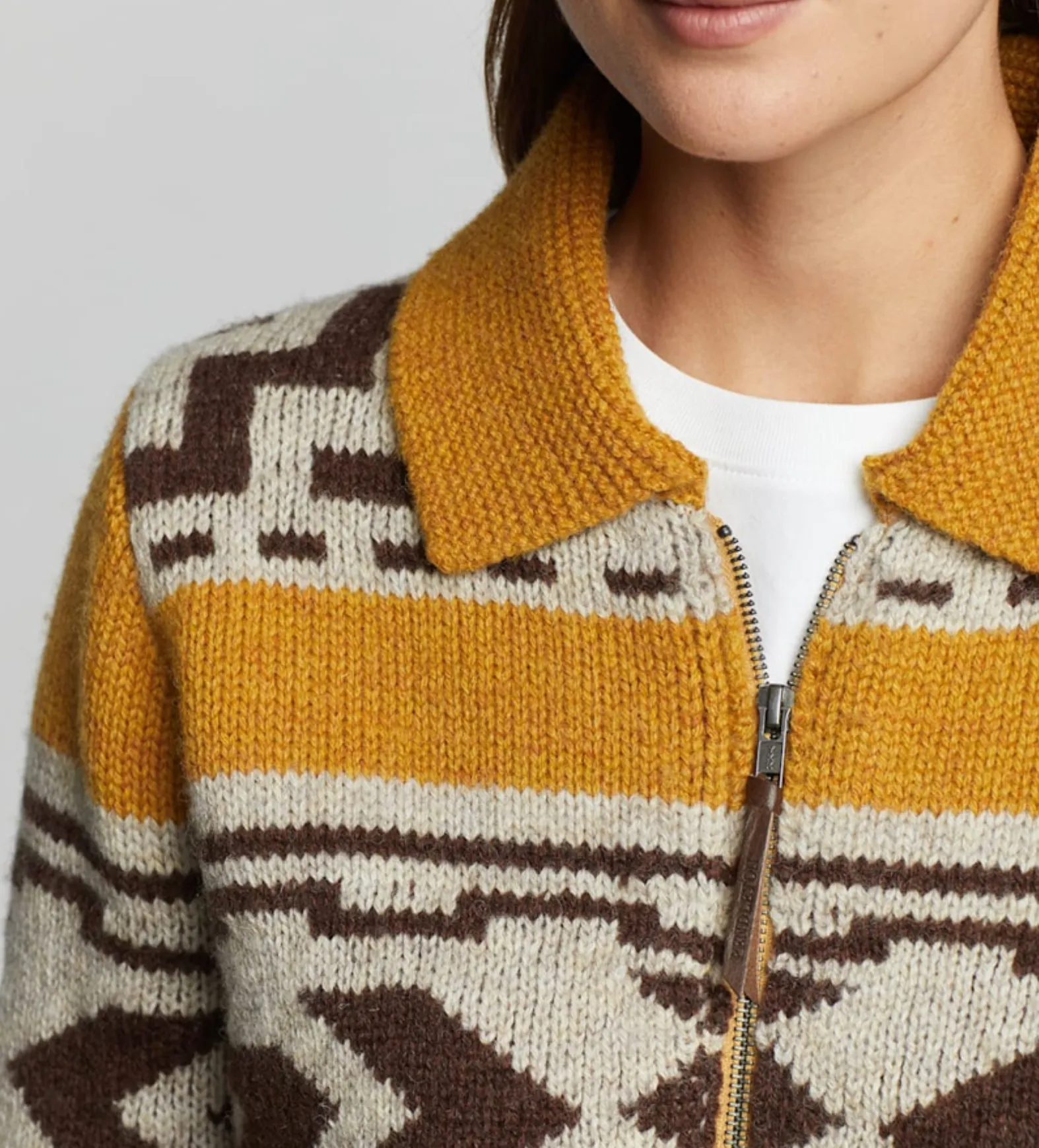 Pendleton Wool Sweater Westerley Mustard Brown Cream Zip Front