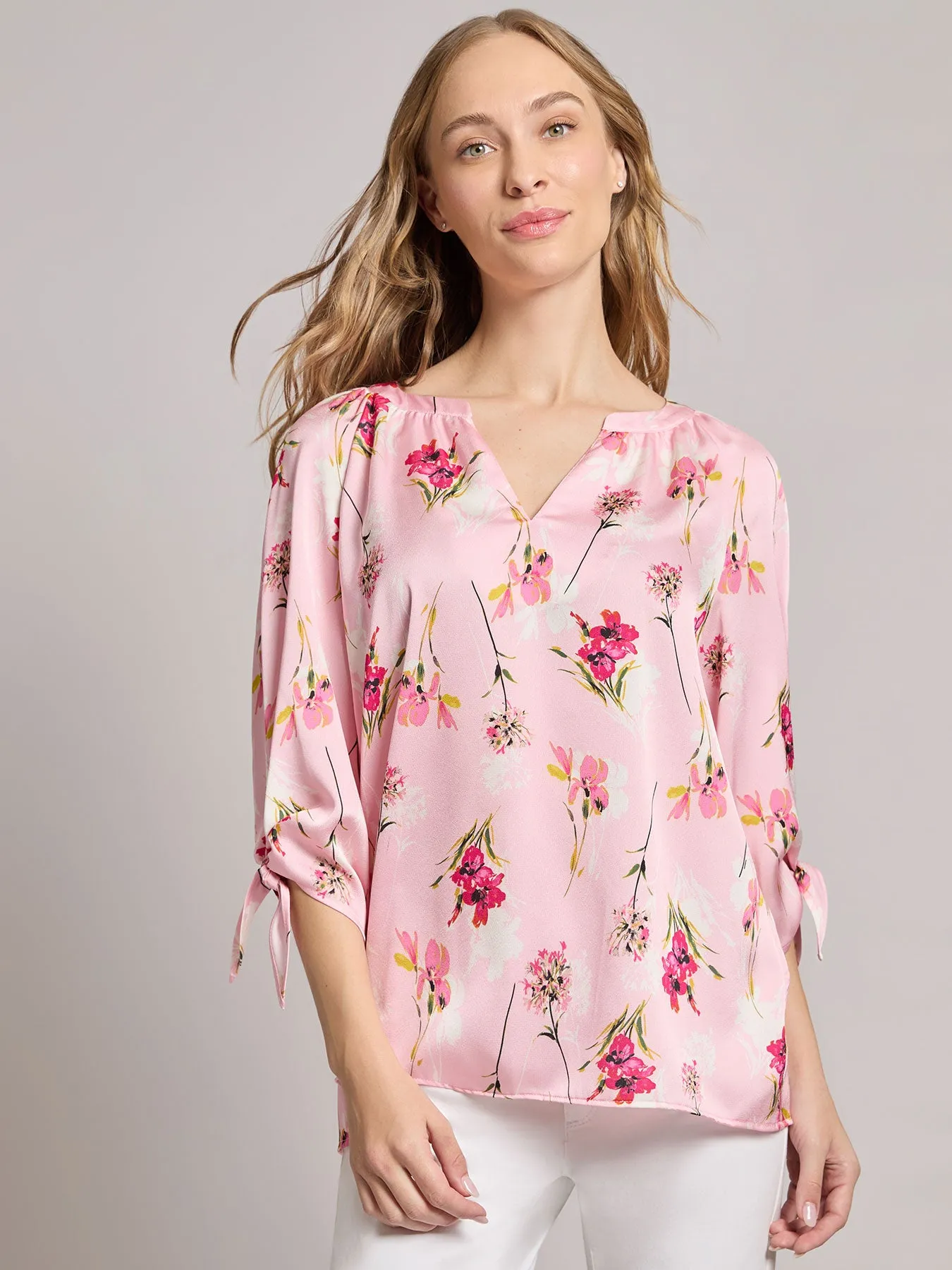 Petite V-Neck Tie-Sleeve Blouse, Hammered Satin