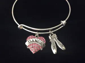 Pink Crystal Rhinestone Dance Charm with Ballet Slippers Silver Adjustable Expandable Wire Bangle Charm Bracelet Teacher Gift