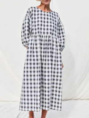 Plaid Aura™ | Women's Casual Midi Dress | Round Neck, Loose Fit, Mid-Sleeve Design, Printed Fabric