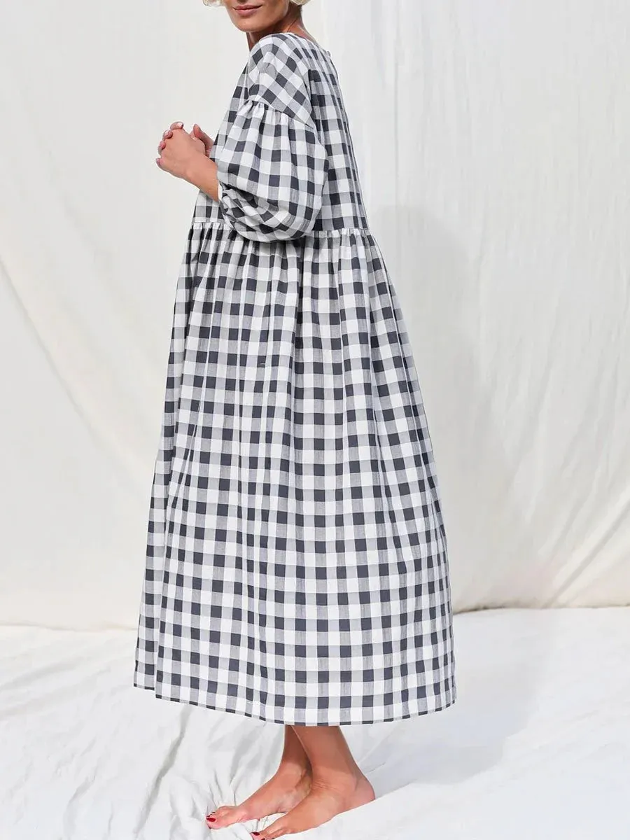 Plaid Aura™ | Women's Casual Midi Dress | Round Neck, Loose Fit, Mid-Sleeve Design, Printed Fabric