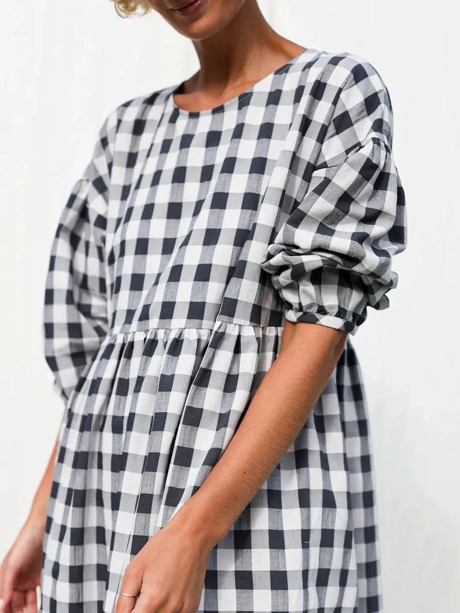 Plaid Aura™ | Women's Casual Midi Dress | Round Neck, Loose Fit, Mid-Sleeve Design, Printed Fabric