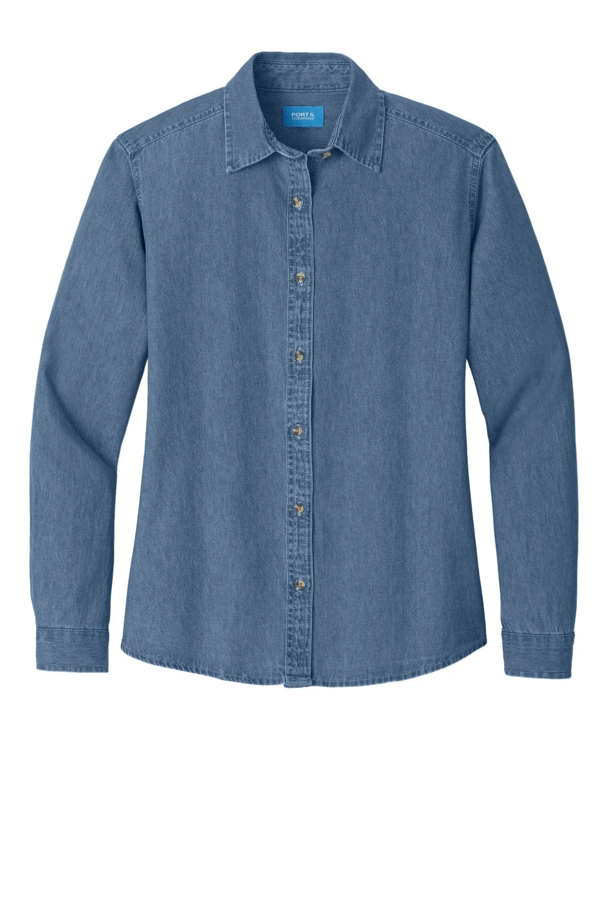 Port & Company Women's Long Sleeve Value Denim Shirt.  LSP10 Faded Blue