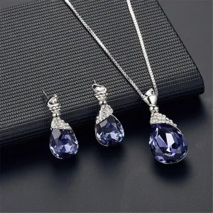Purple & Silver-Plated Pear Pendant Necklace & Drop Earrings