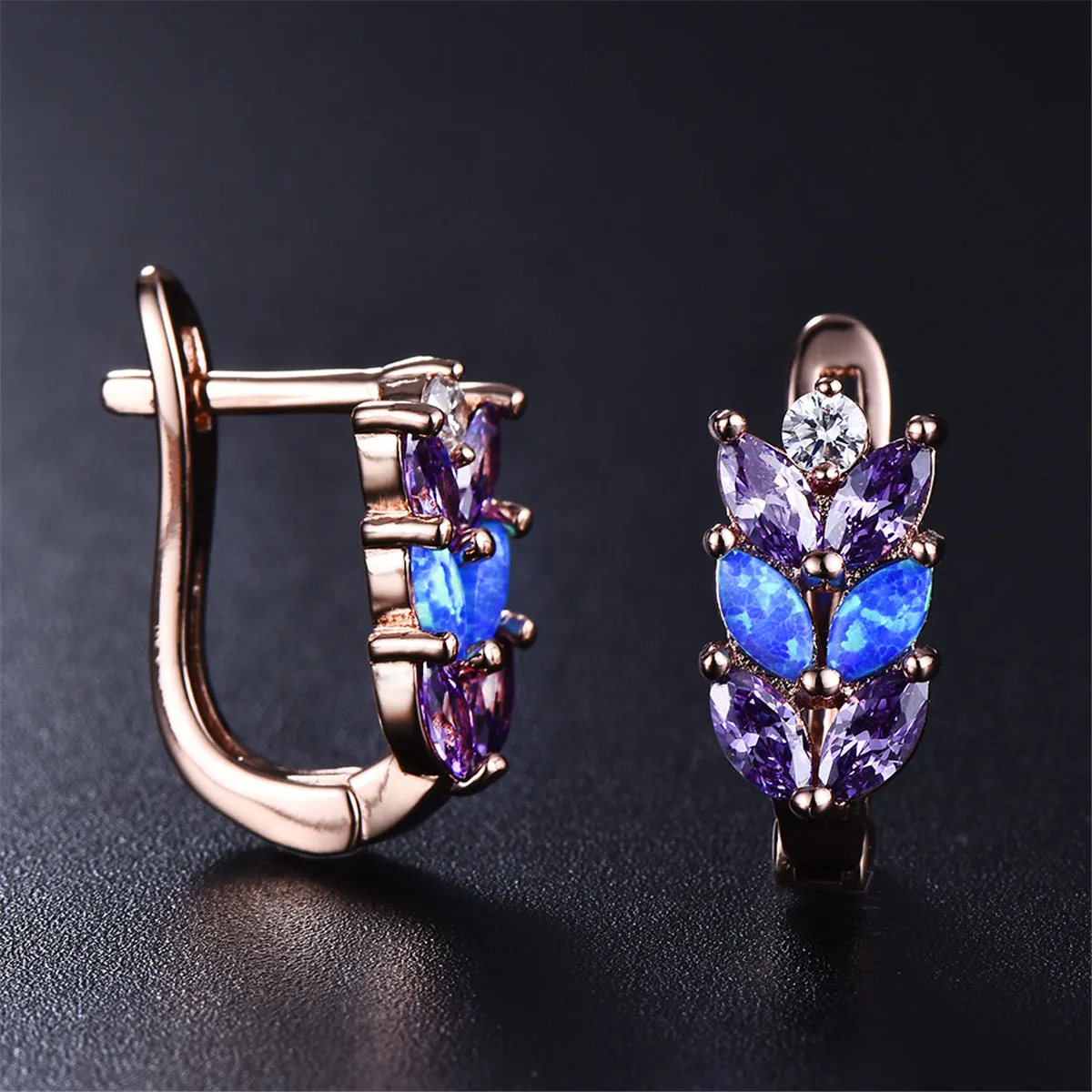 Purple Crystal & Blue Opal Leverback Earrings